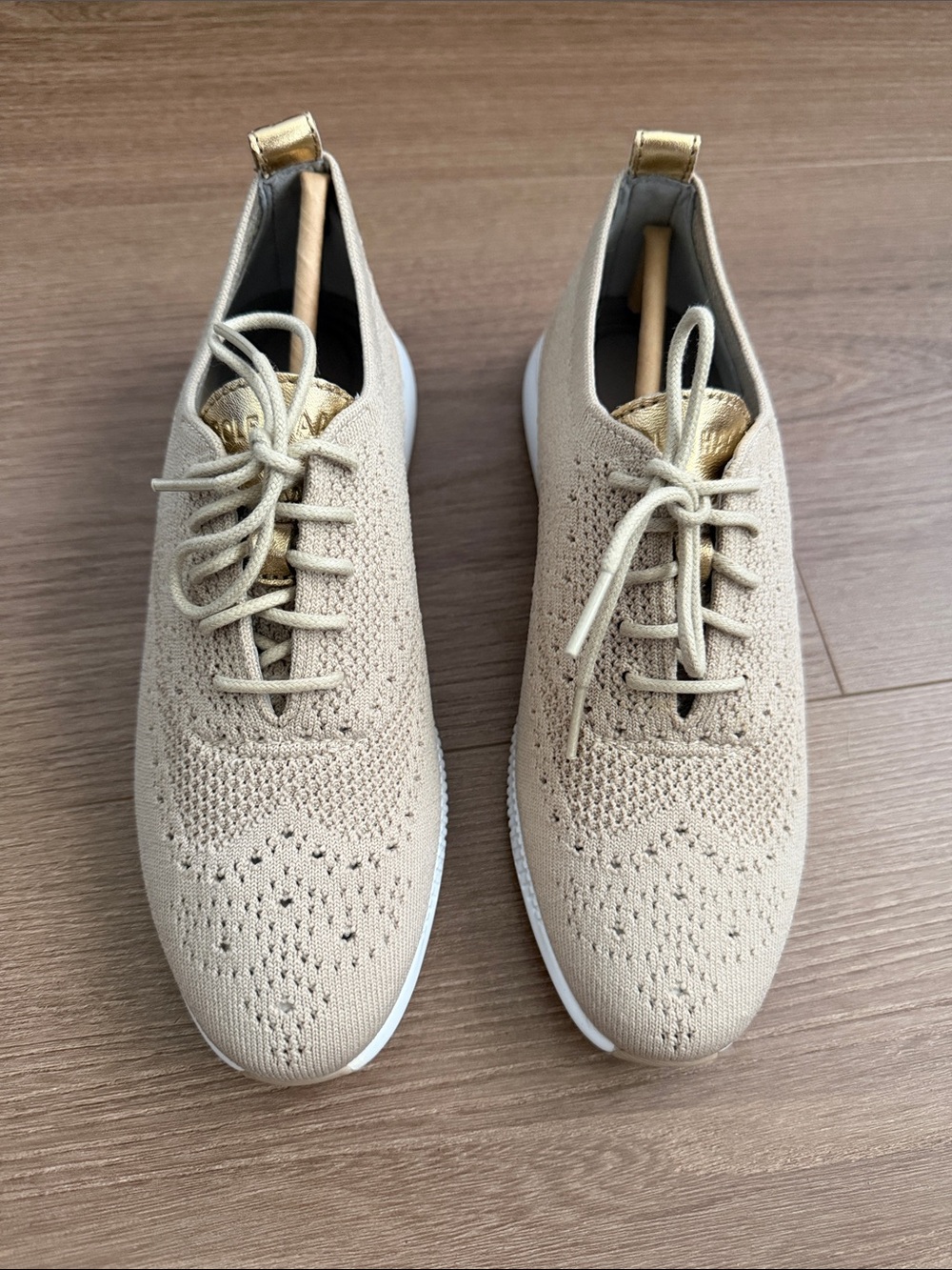 Cole Haan 2.0 zero grand Women's Beige Knit Sneakers with Gold Accent
